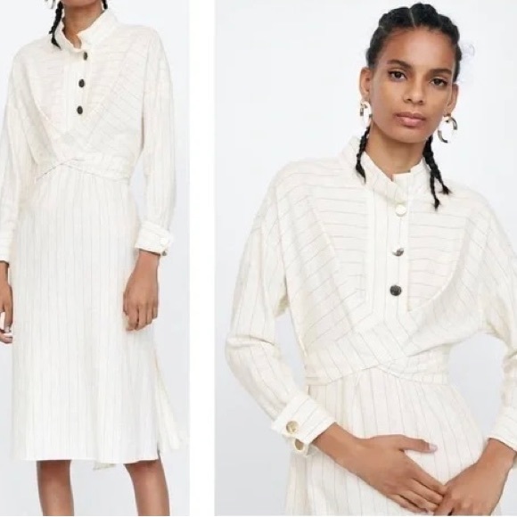 ZARA Basic Gold Button Linen Pinstripe Robe Midi Dress in Natural Cream XS - Picture 1 of 8